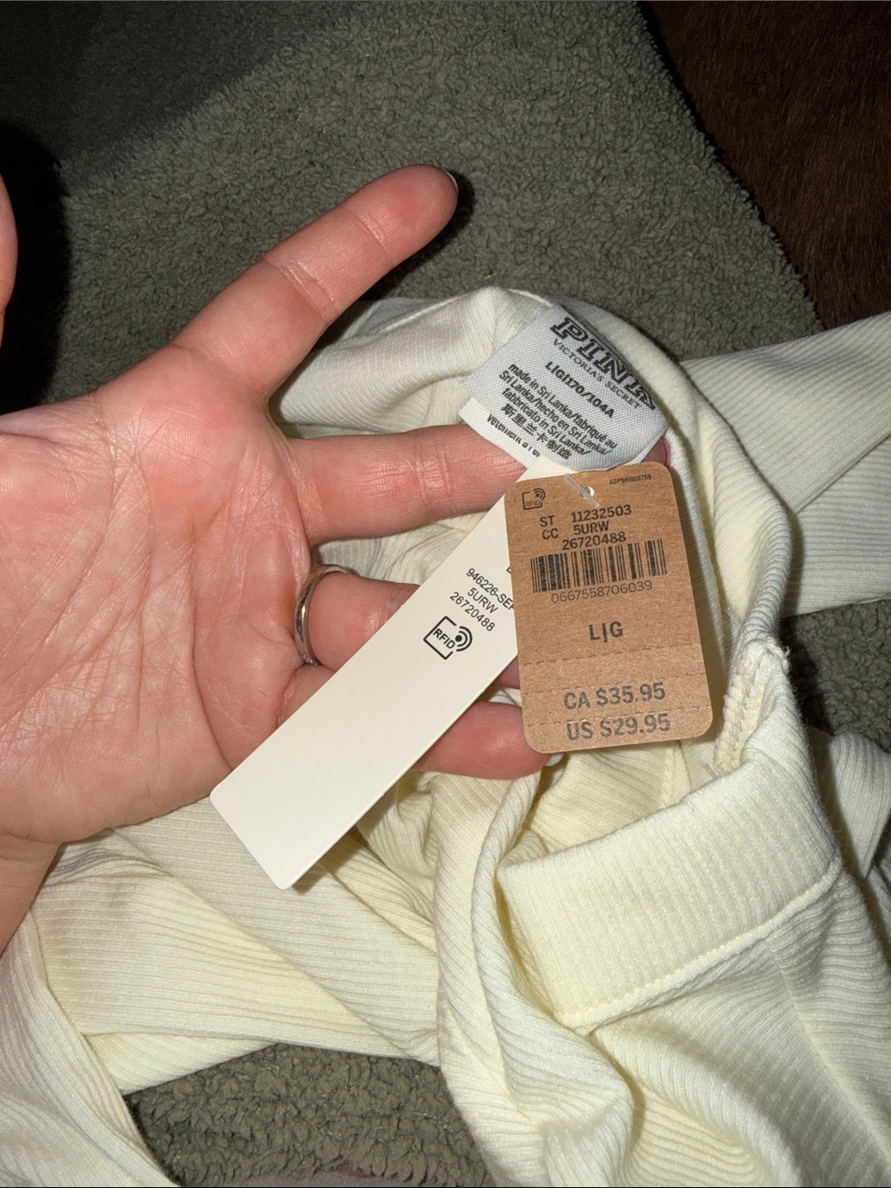 PINK Victoria's Secret Ribbed Long Sleeve Crop Top in Cream - Picture 3 of 3